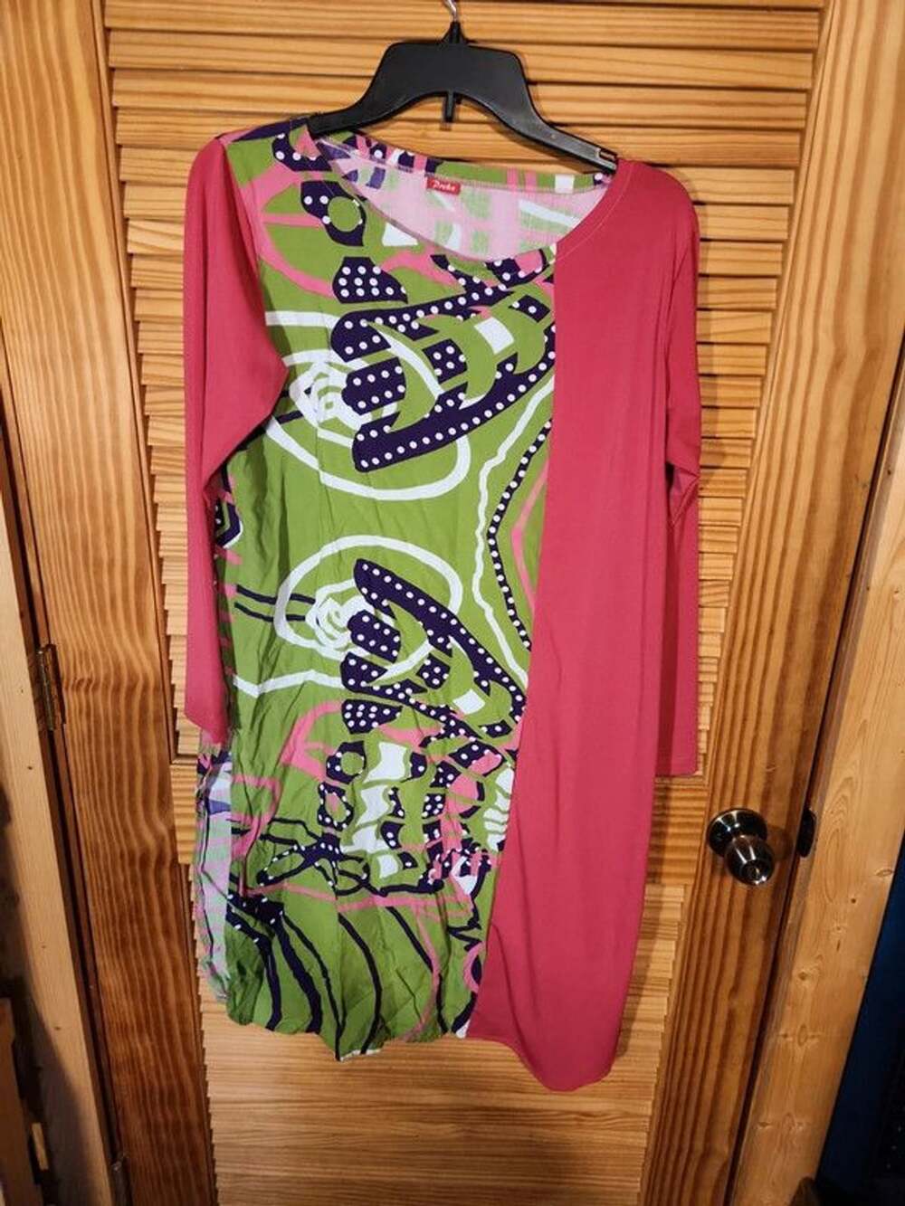 Preka Colorblock Asymmetric Midi Dress – Abstract Swirl & Dot Print, Size Large
